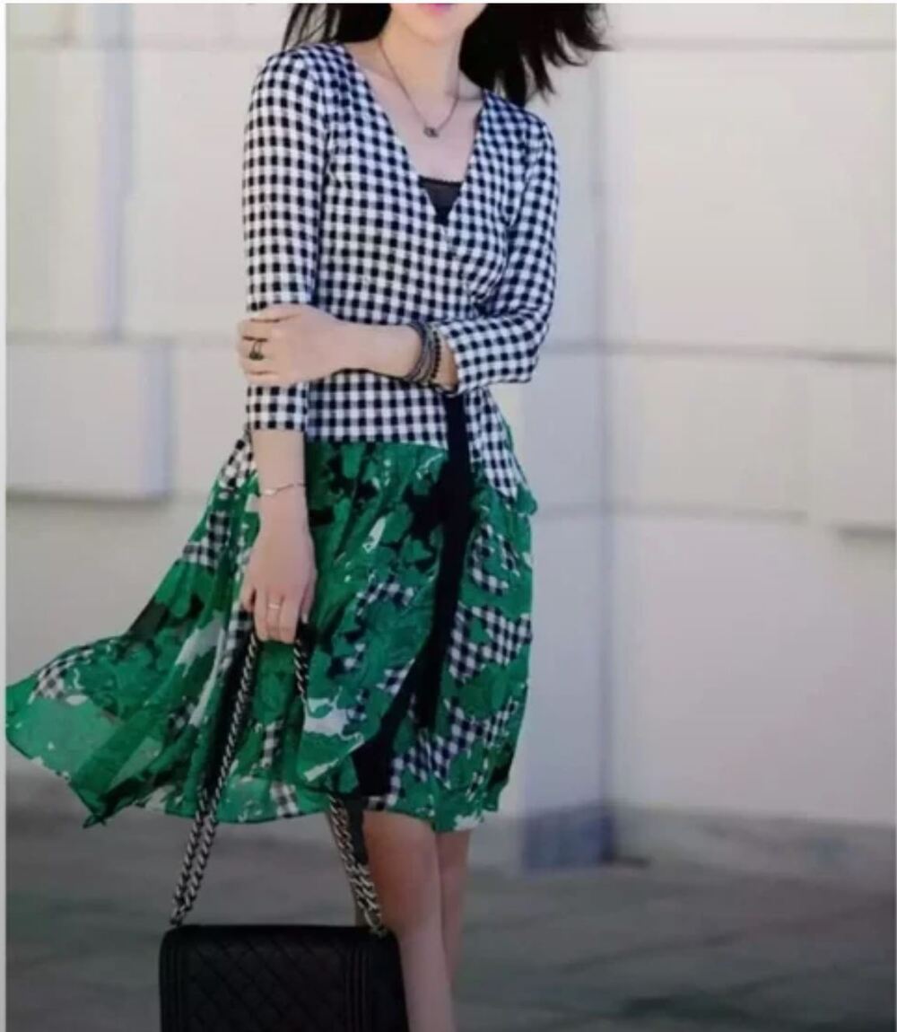 DIANE VON FURSTENBERG DVF Riviera Green Floral Gingham Wrap Dress 10